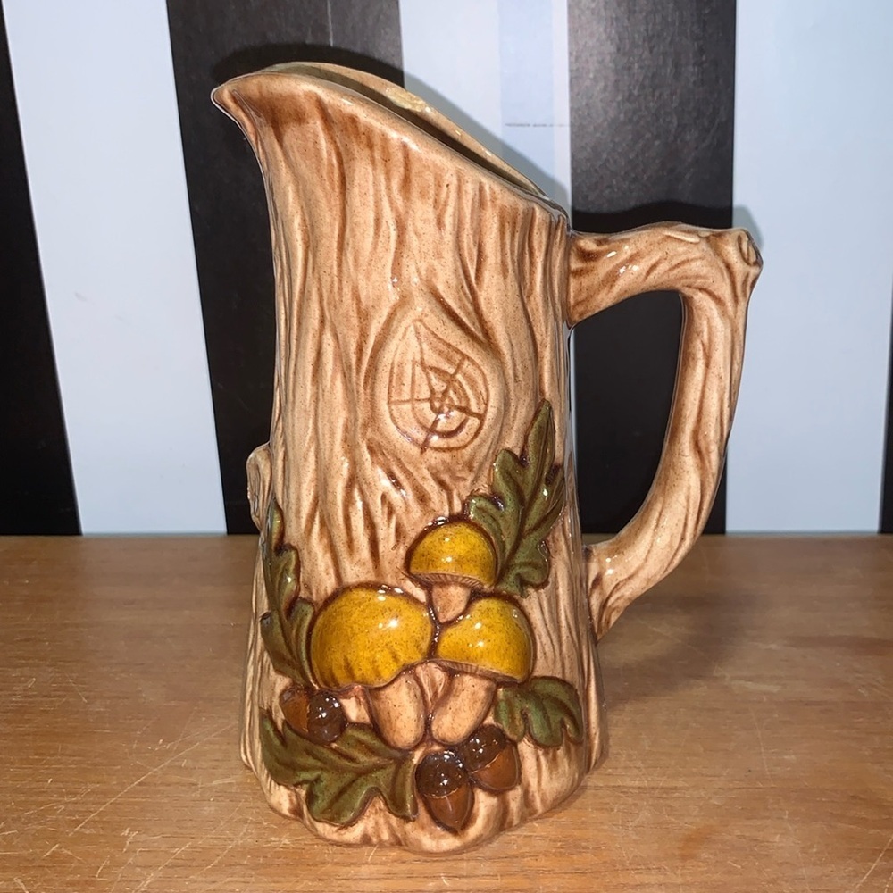 Retro Mushrooms Handmade Ceramic Wood Grain Pitcher or Vase Shelf / Home Decor - Picture 4 of 14